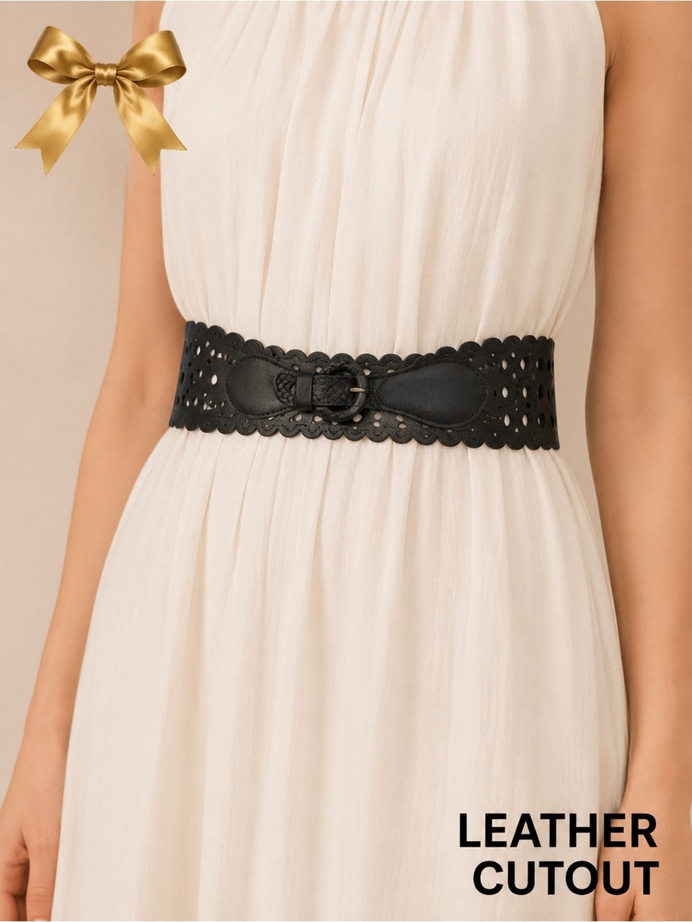 Leather Cutout Wide Belt Black Scalloped Wavy Circular Buckle Sz 34 L
